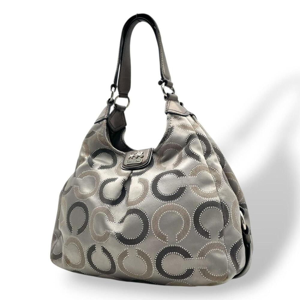 COACH Madison Op Art Maggie Shoulder Bag 21215 Gray Leather Signature Hobo Si...